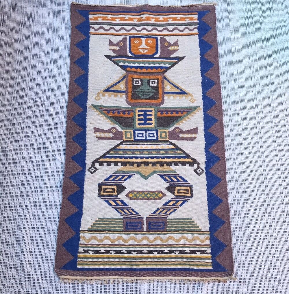 Vintage Ecuador Hand Woven Wool Wall Hanging Tapestry Rug Tribal Aztec Folk Art